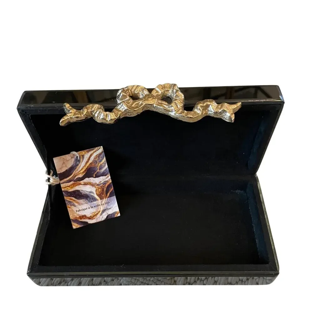 Black Lacquered Box with Gold Bow Motif 8.5 x 4.5 Made in India NEW